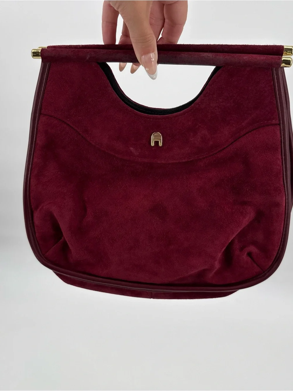 Vintage Burgundy Suede Top Handle Handbag Gold Hardware Structured Purse